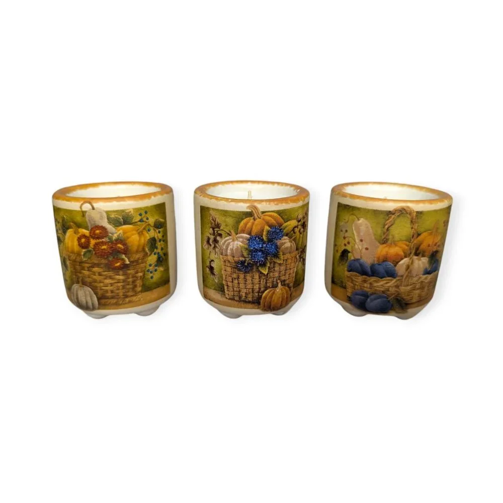 Set of 3 Ceramic Fall/Autumn Votive Sized Candle Holders with Candles Unused